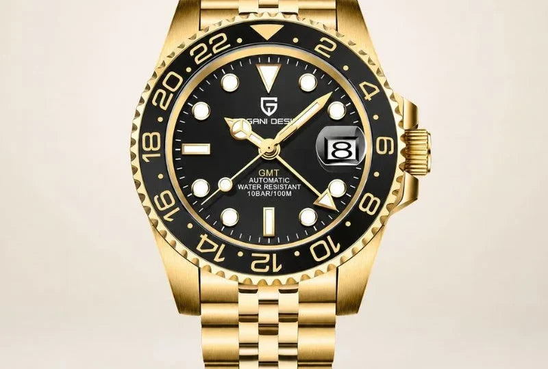 Gold and black Pagani Design GMT watch, one of ten watches picked as gifts for him