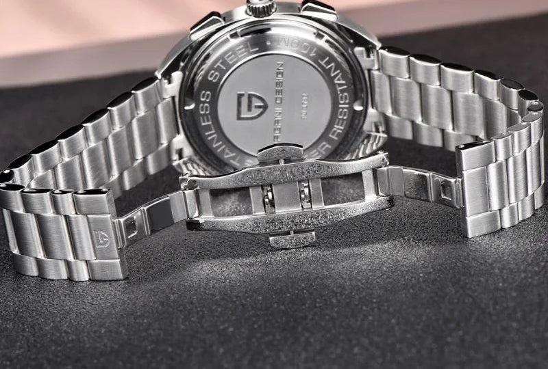 Steel bracelet of a Pagani Design watch with the folding clasp open, case back reading stainless steel 100M water resistant