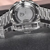 Steel bracelet of a Pagani Design watch with the folding clasp open, case back reading stainless steel 100M water resistant