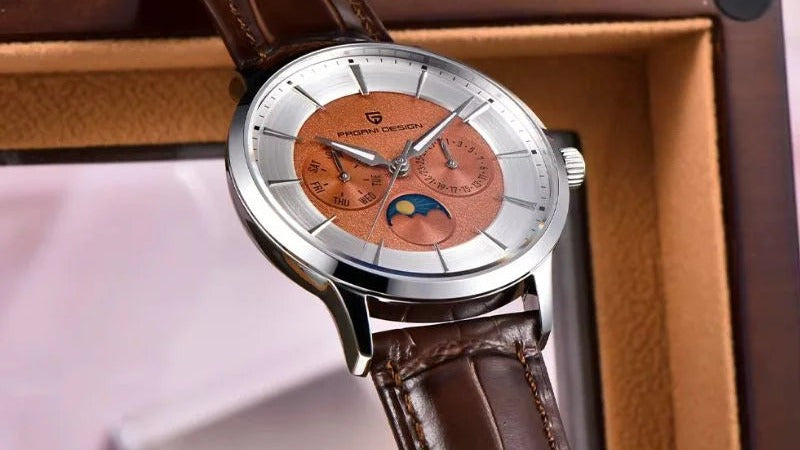 Pagani Design Copper Moon watch with a moon phase dial on a brown leather strap