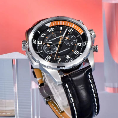 Aero Chronograph watch, 44 mm steel case with three sub-dials and leather strap