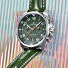 Close-up of the green Aero Chronograph dial by Pagani Design against an iridescent backdrop