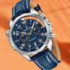 Blue Aero Chronograph by Pagani Design shown at an angle against an orange backdrop