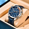 Blue Aero Chronograph watch by Pagani Design resting inside its open presentation box