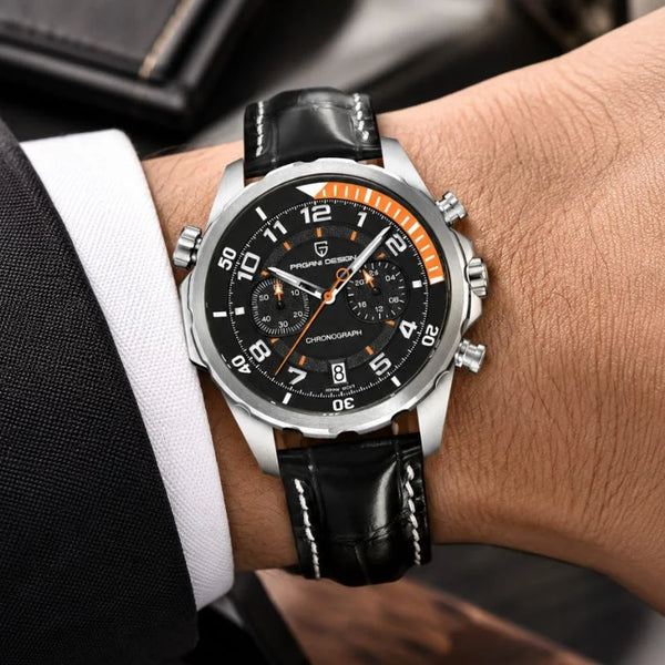 Man in a suit wearing the black Aero Chronograph watch by Pagani Design on a black leather strap