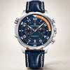 Aero Chronograph watch by Pagani Design, blue dial with orange accents and blue leather strap, front view