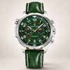 Aero Chronograph watch by Pagani Design, green dial with orange accents and green leather strap, front view