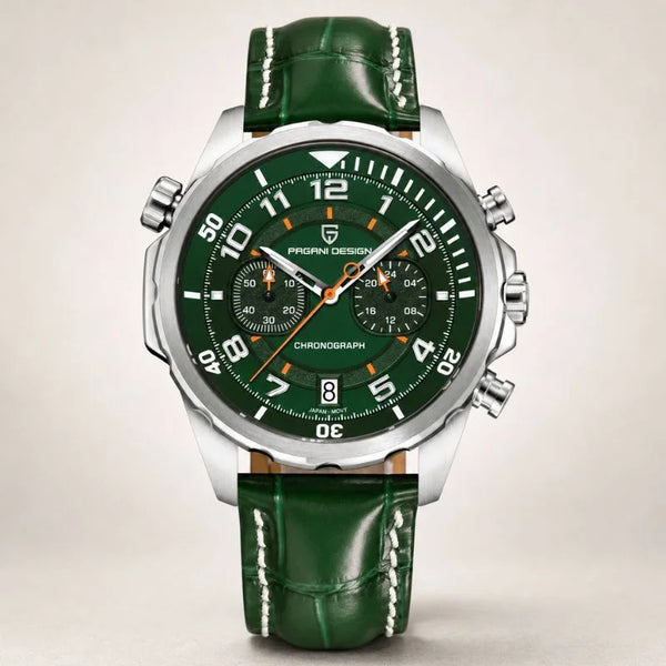 Aero Chronograph watch by Pagani Design, green dial with orange accents and green leather strap, front view