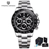 Black-dial Apex Chronograph by Pagani Design shown with its gift box, cleaning cloth and warranty card
