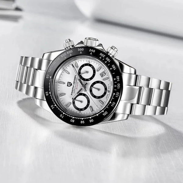 White-dial Apex Chronograph by Pagani Design angled on a white surface