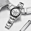 White-dial Apex Chronograph by Pagani Design lying flat with its steel bracelet extended