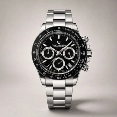 Apex black chronograph watch with tachymeter bezel and steel bracelet