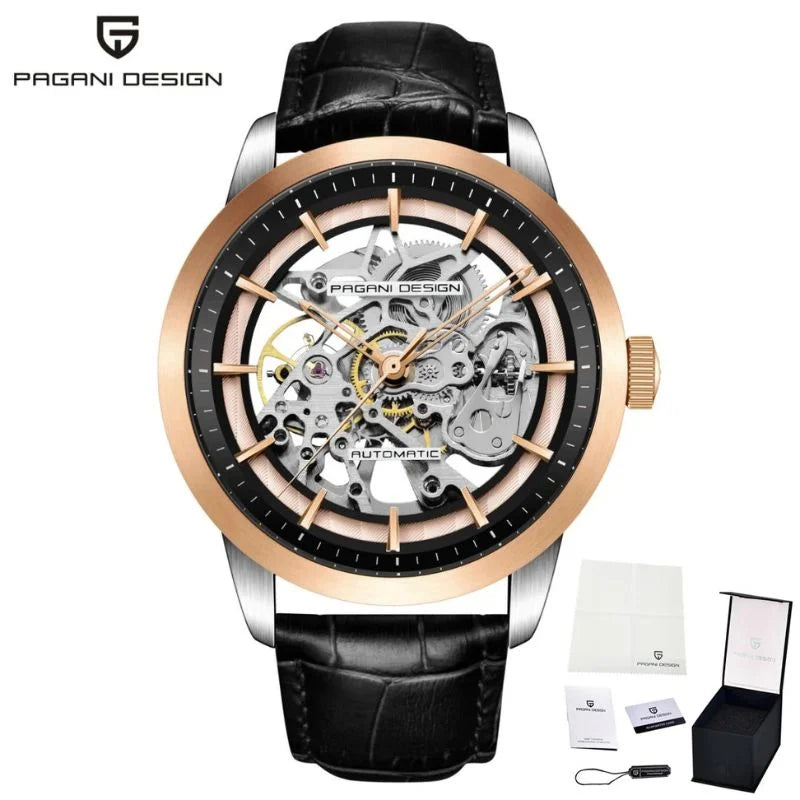 Rose gold and black Artisan Open Dial by Pagani Design shown with its gift box and warranty card