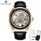 Rose gold and black Artisan Open Dial by Pagani Design shown with its gift box and warranty card