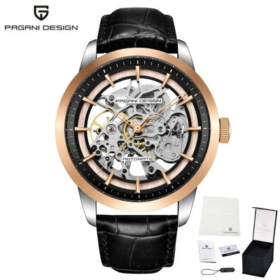 Artisan open dial watch, rose gold case with black chapter ring and black leather strap