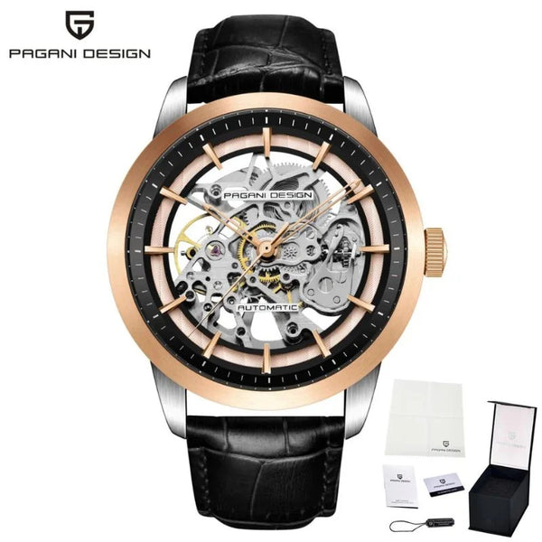 Rose gold and black Artisan Open Dial by Pagani Design shown with its gift box and warranty card