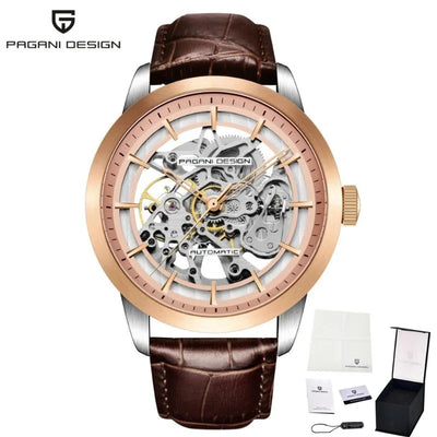 Artisan open dial watch, rose gold case with white dial and brown leather strap
