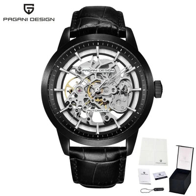 Artisan open dial watch, all black case and black leather strap
