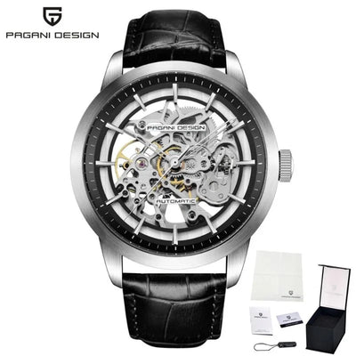 Artisan open dial watch, steel case with black chapter ring and black leather strap
