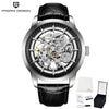 Steel and black Artisan Open Dial by Pagani Design shown with its gift box and warranty card