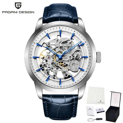 Artisan open dial watch, steel case with blue hands and blue leather strap