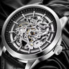 Close-up of the steel Artisan Open Dial case and skeleton dial by Pagani Design on black leather