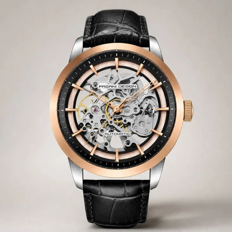 Artisan Open Dial automatic watch by Pagani Design, rose gold bezel over a skeleton dial with black leather strap