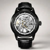 All-black Artisan Open Dial automatic watch by Pagani Design with skeleton dial and black leather strap