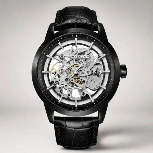 All-black Artisan Open Dial automatic watch by Pagani Design with skeleton dial and black leather strap