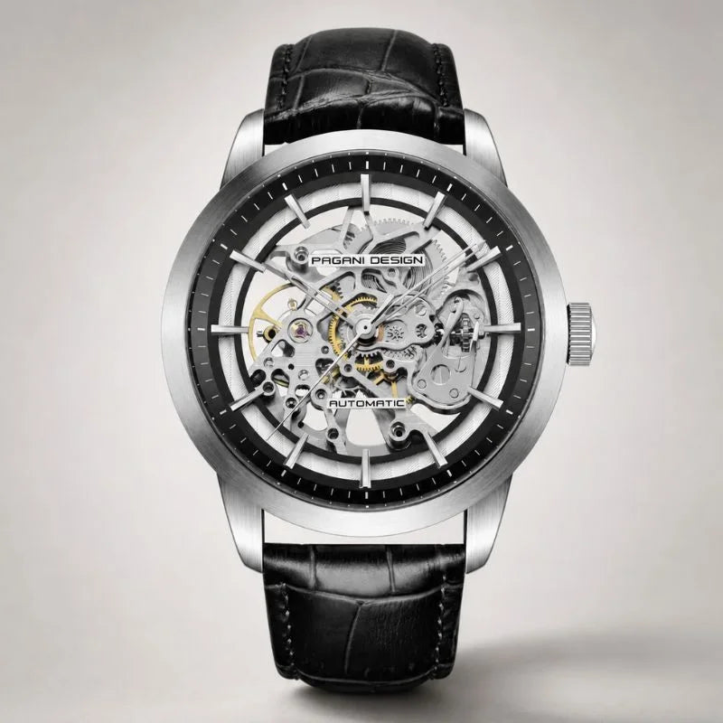 Artisan Open Dial automatic watch by Pagani Design, steel case with black inner ring and black leather strap