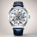 Artisan Open Dial automatic watch by Pagani Design, white skeleton dial with blue hands and blue leather strap