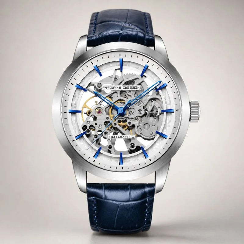 Artisan Open Dial automatic watch by Pagani Design, white skeleton dial with blue hands and blue leather strap