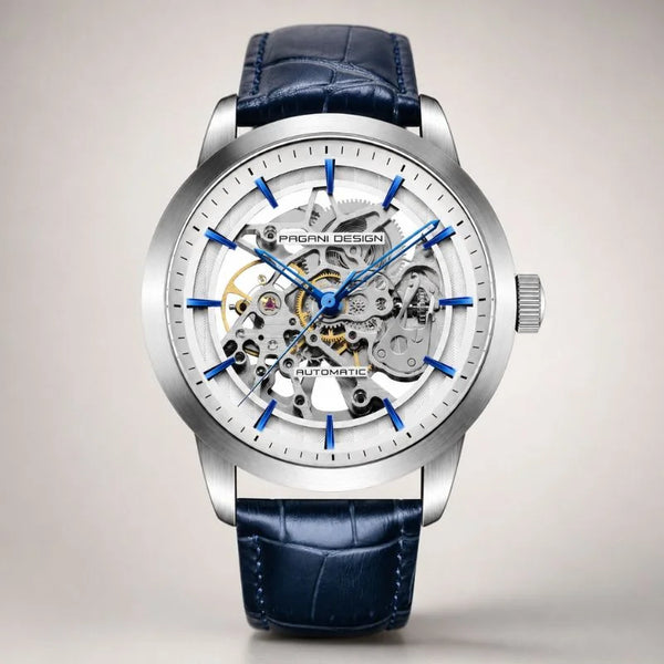 Artisan Open Dial automatic watch by Pagani Design, white skeleton dial with blue hands and blue leather strap