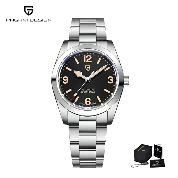 Asterion Sapphire watch by Pagani Design on a white background, shown with its gift box and warranty card