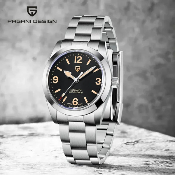 Asterion Sapphire watch by Pagani Design angled on a concrete surface with the brand logo