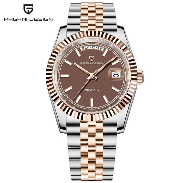 Brown-dial Aurelia day-date by Pagani Design on a white background with the brand logo