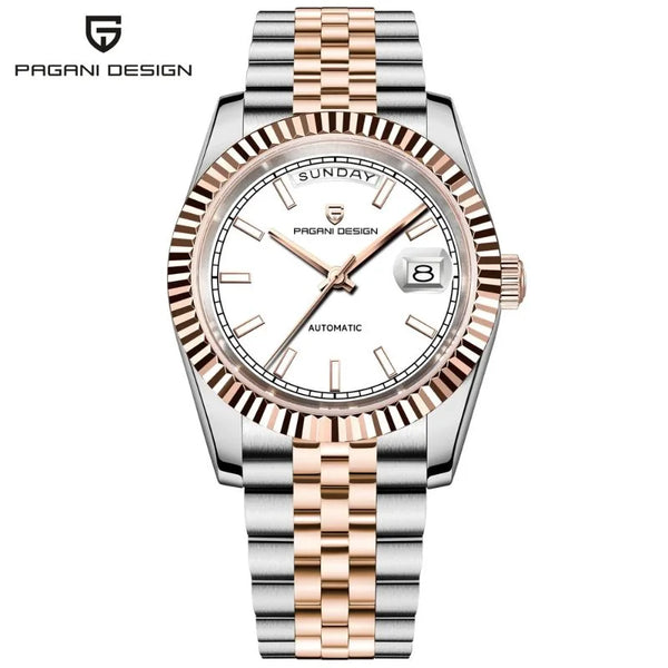 White-dial Aurelia day-date by Pagani Design on a white background with the brand logo