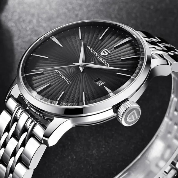 Close-up of the Aureon black guilloche dial by Pagani Design on a dark textured surface