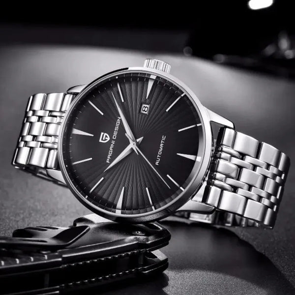 Aureon watch by Pagani Design with the bracelet opened on a glossy black surface
