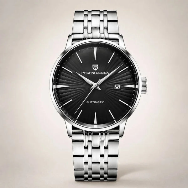 Aureon dress automatic watch by Pagani Design, black guilloche dial with date window and steel bracelet
