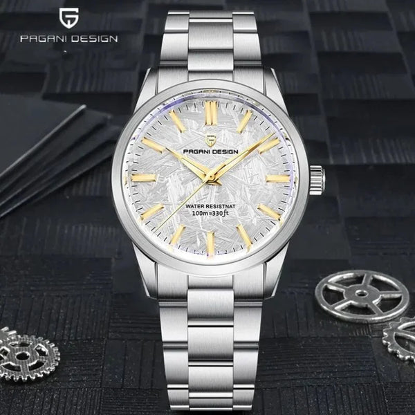 White-dial Aurum Frost by Pagani Design on a dark surface surrounded by watch gears