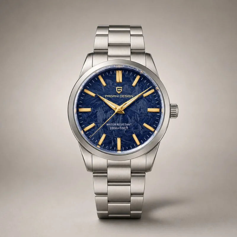 Aurum Frost watch by Pagani Design, blue textured dial with gold markers on a stainless steel bracelet