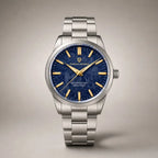 Aurum Frost watch by Pagani Design, blue textured dial with gold markers on a stainless steel bracelet