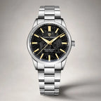 Aurum Frost watch by Pagani Design, black textured dial with gold markers on a stainless steel bracelet