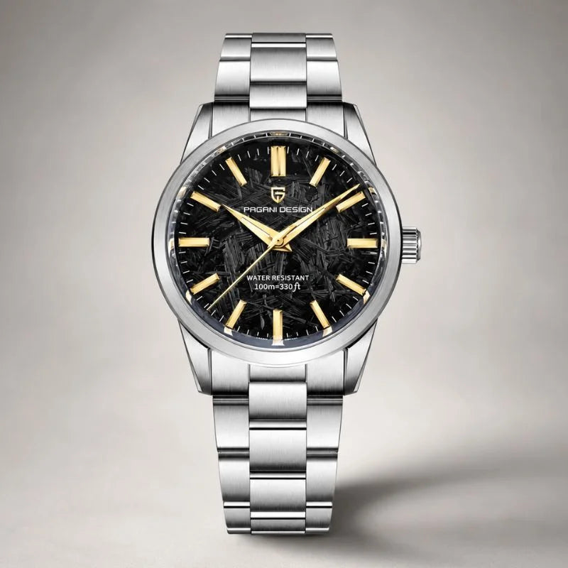 Aurum Frost watch by Pagani Design, black textured dial with gold markers on a stainless steel bracelet