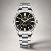 Aurum Frost watch by Pagani Design, black textured dial with gold markers on a stainless steel bracelet