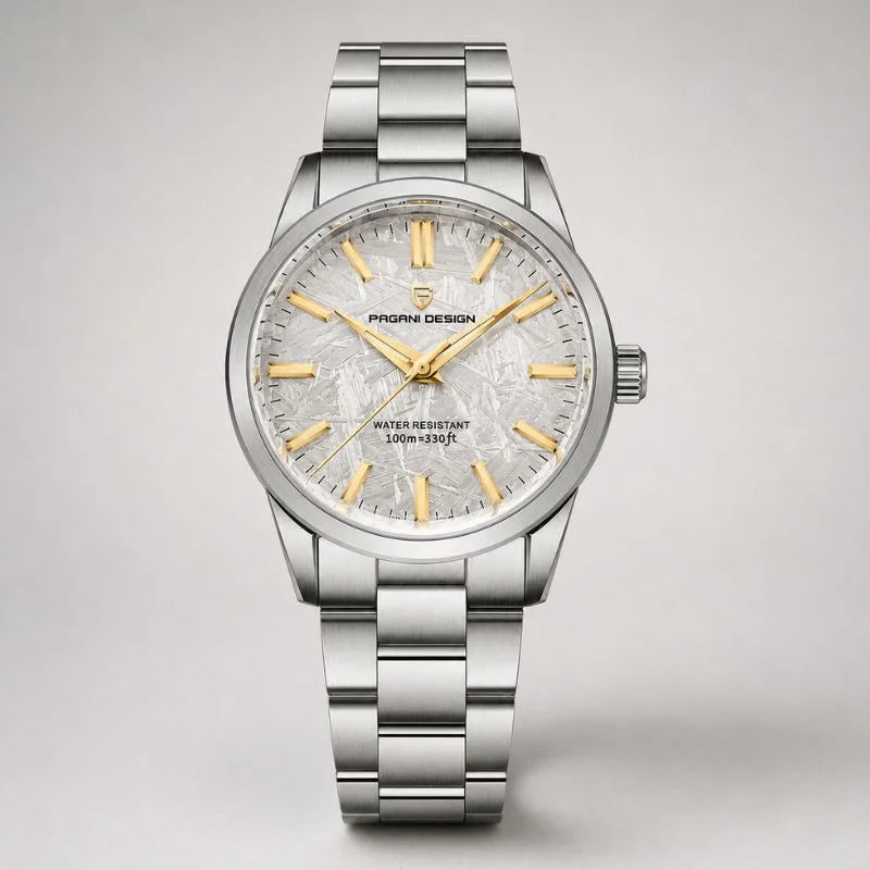Aurum Frost watch by Pagani Design, white meteorite-style dial with gold markers on a steel bracelet