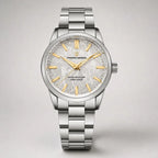 Aurum Frost watch by Pagani Design, white meteorite-style dial with gold markers on a steel bracelet