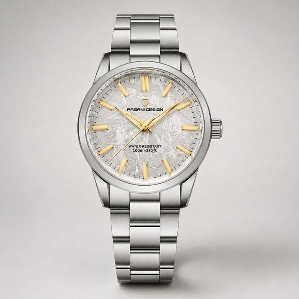 Aurum Frost watch by Pagani Design, white meteorite-style dial with gold markers on a steel bracelet