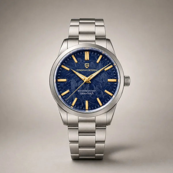 Aurum Frost watch by Pagani Design, blue textured dial with gold markers on a stainless steel bracelet
